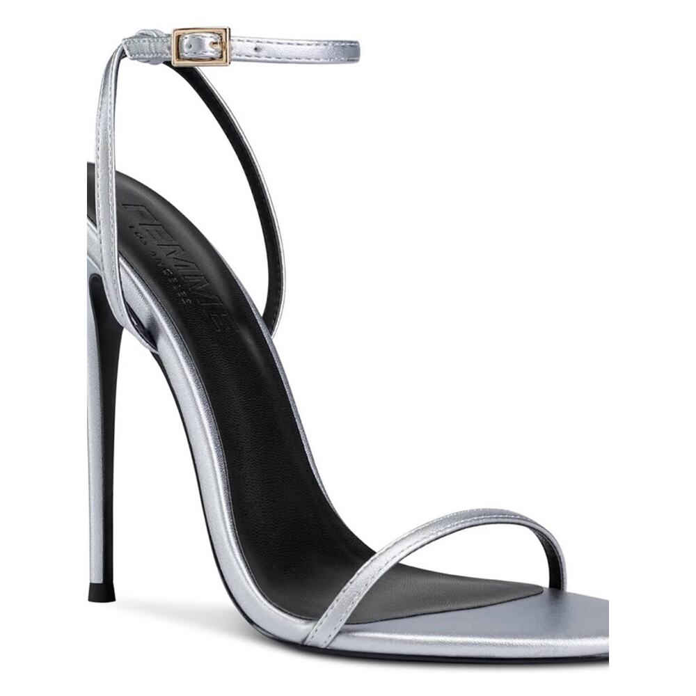 Femme Los Angeles Vegan Leather Metallic Silver Stiletto Ankle-Strap Sandals 39
